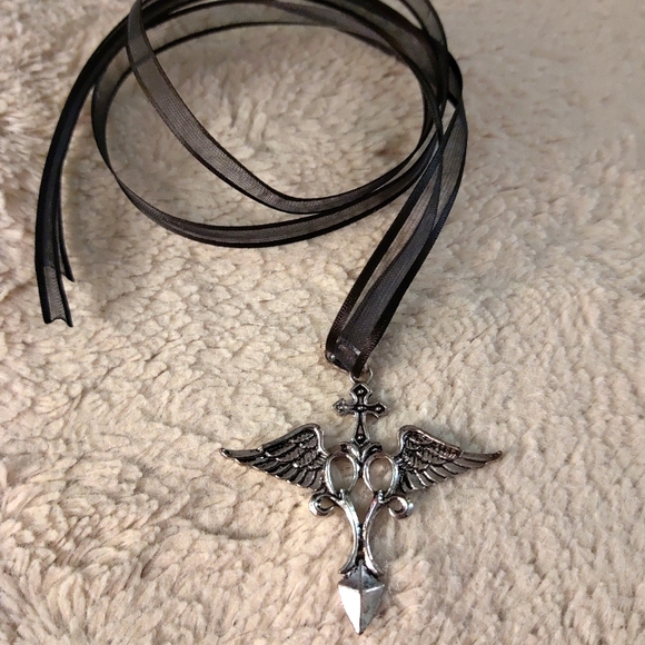 Handmade Jewelry - Handmade Ribbon Necklace with Vintage Gothic Angel Cross Pendant